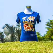 Load image into Gallery viewer, Gardens by the Bay - Ladies' Bamboo T-Shirt Collection - SAKURA AND PEONY BLOSSOM BAMBOO LADIES’ T-SHIRT (DARK BLUE)
