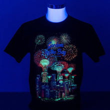 Load image into Gallery viewer, Gardens by the Bay - Glow-in-the-dark T-Shirt Collection - SUPERTREES FIREWORKS WITH CITY SKYLINE GLOW MEN’S T-SHIRT (BLACK)