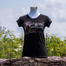 Load image into Gallery viewer, Gardens by the Bay - Ladies' Rhinestone T-Shirt Collection - SUPERTREESMARINEVIEWWITHCITYSKYLINELADIES_T-SHIRT_BLACK