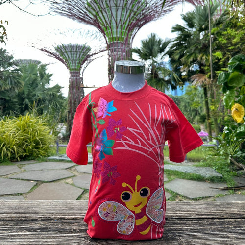 Gardens by the Bay - Merchandise Collection - Children - Kids Apparels - Mcka Butterfly Supertree and Orchids with Brand Pattern Patchwork Kids T-Shirt (Hot Pink)