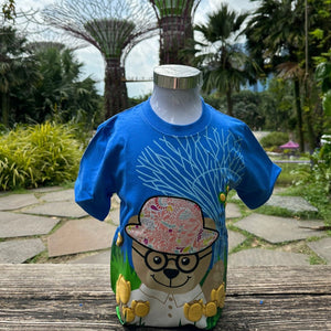 Gardens by the Bay - Gardens by the Bay Bear Collection - WISE WEE SUPERTREE AND TULIPS WITH BRAND PATTERN PATCHWORK KID’S T-SHIRT (BLUE)