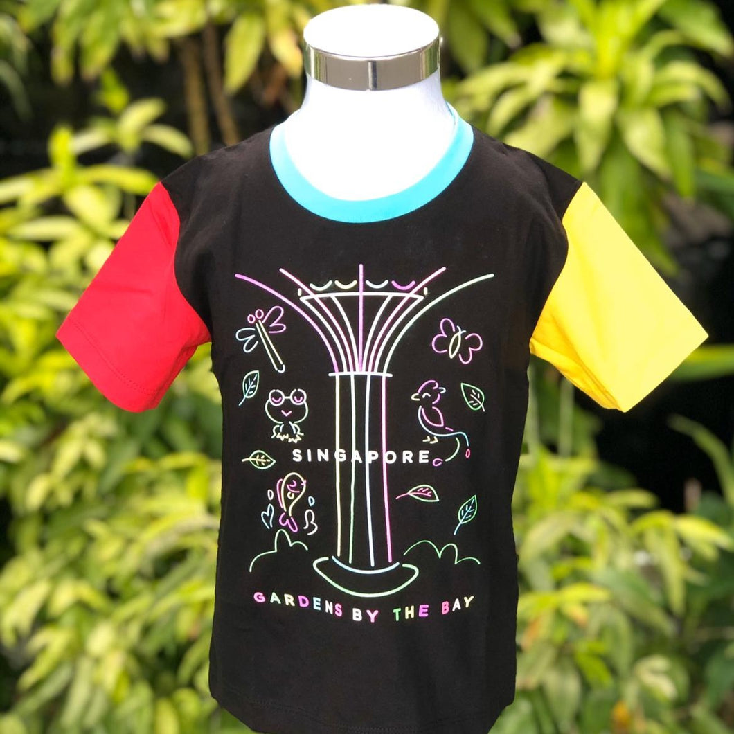 Gardens by the Bay - Merchandise Collection - Children - Kids Apparels - Neon Supertree with Fauna Glow Kids T-Shirt (Black) 