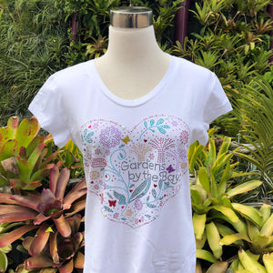 Gardens by the Bay - Merchandise Collection - Ready to Wear - Ladies Rhinestone T-Shirt - Mrtwlrt Floral Heart Shaped Ladies' T-Shirt (White)