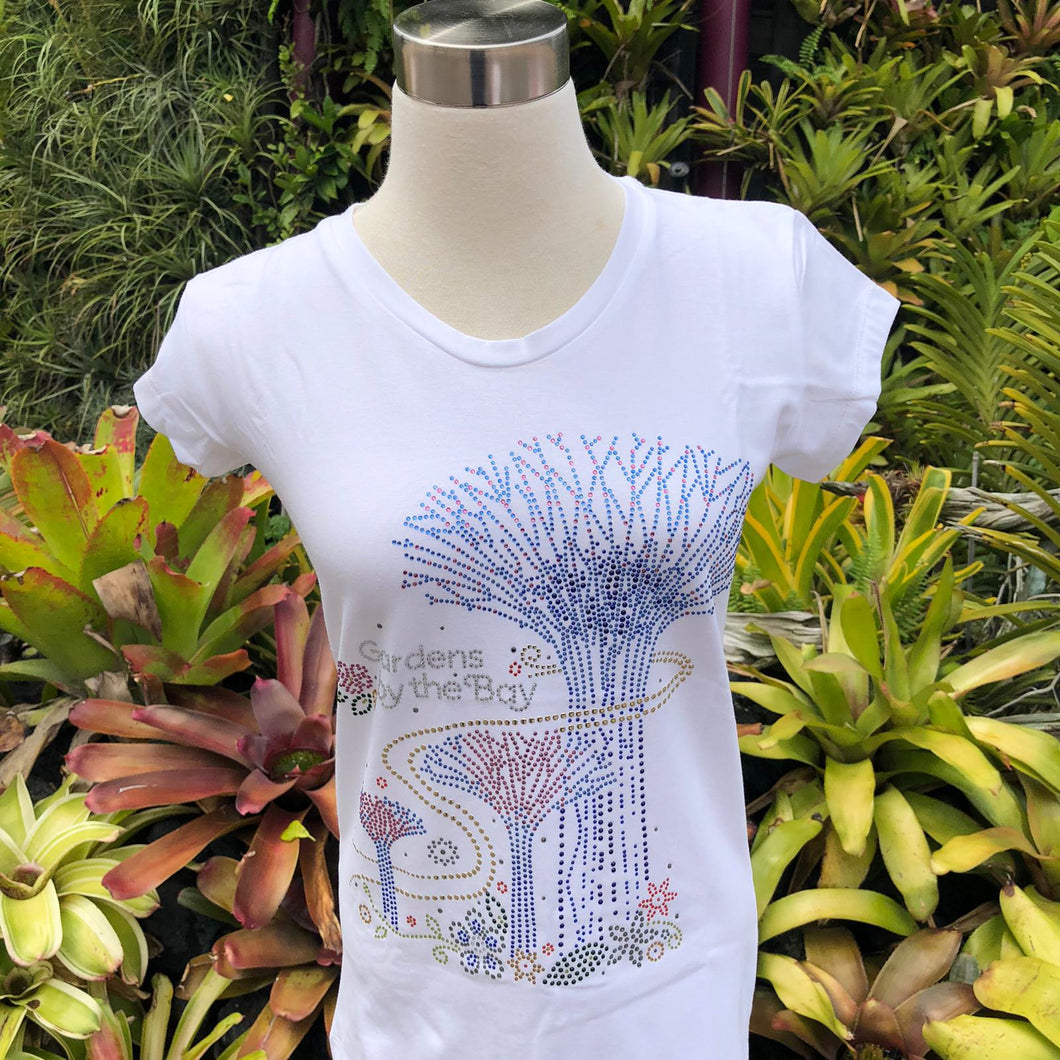 Gardens by the Bay - Merchandise Collection - Ready to Wear - Ladies Rhinestone T-Shirt - Mrtwlrt Supertrees Twirling Ladies' T-Shirt (White)