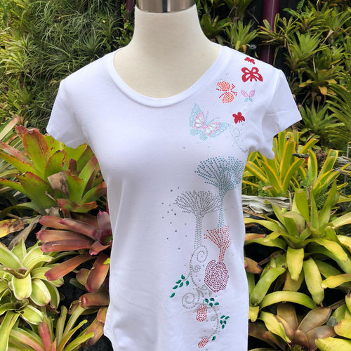 Gardens by the Bay - Merchandise Collection - Ready to Wear - Ladies Rhinestone T-Shirt - Mrtwlrt Supertrees with Roses and Butterfiles Ladies' T-Shirt (White)