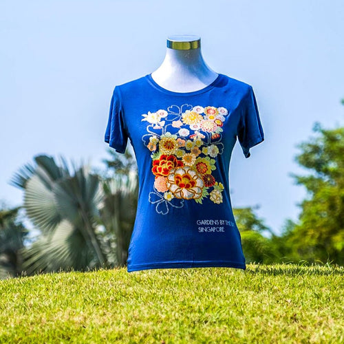 Gardens by the Bay - Ladies' Bamboo T-Shirt Collection - SAKURA AND PEONY BLOSSOM BAMBOO LADIES’ T-SHIRT (DARK BLUE)