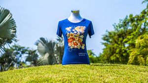Gardens by the Bay - Ladies' Bamboo T-Shirt Collection - SAKURA AND PEONY BLOSSOM BAMBOO LADIES’ T-SHIRT (DARK BLUE)