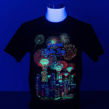 Load image into Gallery viewer, Gardens by the Bay - Glow-in-the-dark T-Shirt Collection - SUPERTREES FIREWORKS WITH CITY SKYLINE GLOW MEN’S T-SHIRT (BLACK) 
