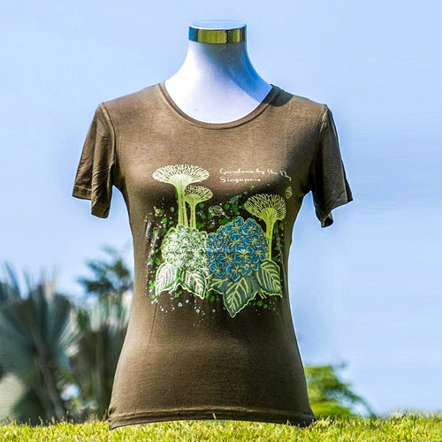 Gardens by the Bay - Ladies' Bamboo T-Shirt Collection - SUPERTREES WITH HYDRANGEA GLOW BAMBOO LADIES’ T-SHIRT (ARMY GREEN)