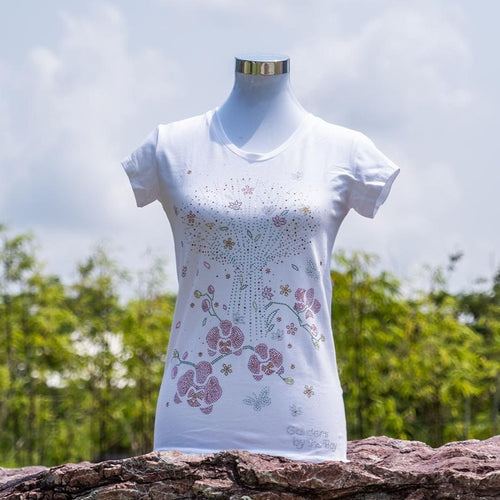 Gardens by the Bay - Ladies' Rhinestone T-Shirt Collection - SUPERTREEWITHPHALAENOPSISLADIES_T-SHIRT_WHITE 