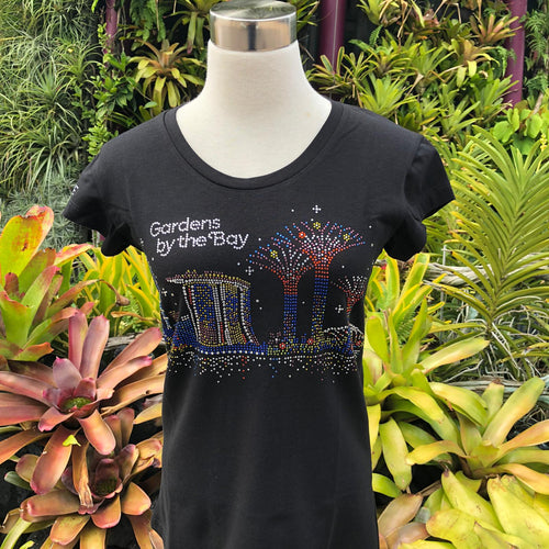 Gardens by the Bay - Merchandise Collection - Ready to Wear - Ladies Rhinestone T-Shirt - Mrtwlrt Sparkling City in a Garden Scenery Ladies' T-Shirt (Black)