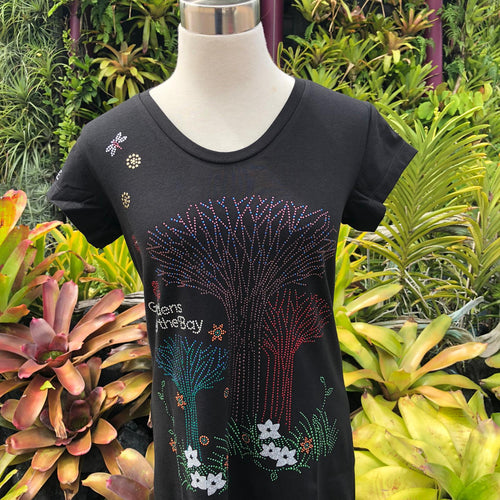 Gardens by the Bay - Merchandise Collection - Ready to Wear - Ladies Rhinestone T-Shirt - Mrtwlrt Supertrees with Silver Glittering Flowers Ladies' T-Shirt (Black)