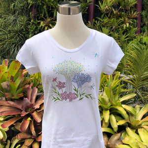Gardens by the Bay - Merchandise Collection - Ready to Wear - Ladies Rhinestone T-Shirt - Mrtwlrt Tranquility Supertrees with Vanda Miss Joaquim Ladies' T-Shirt (White)