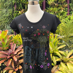 Gardens by the Bay - Merchandise Collection - Ready to Wear - Ladies Rhinestone T-Shirt - Mrtwlrt Twin Supertrees Multicolor Floral with Merlion Ladies' T-Shirt (Black)